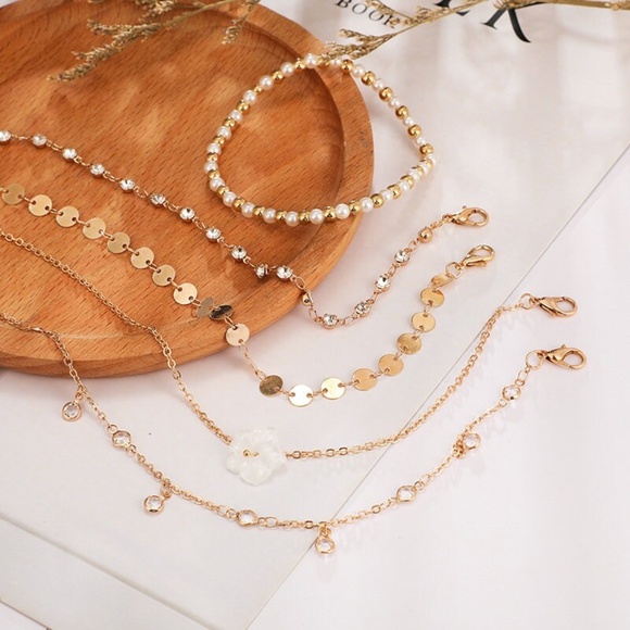 5 Piece Gold Anklet, Flower Pendant, Disc Chain, Bead Anklet Set - Picture 7 of 9